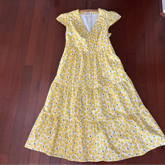 Boden May Cotton Midi Tea Dress Yellow Lemon Print Size 12R Vneck Cap Sleeve - Picture 9 of 13